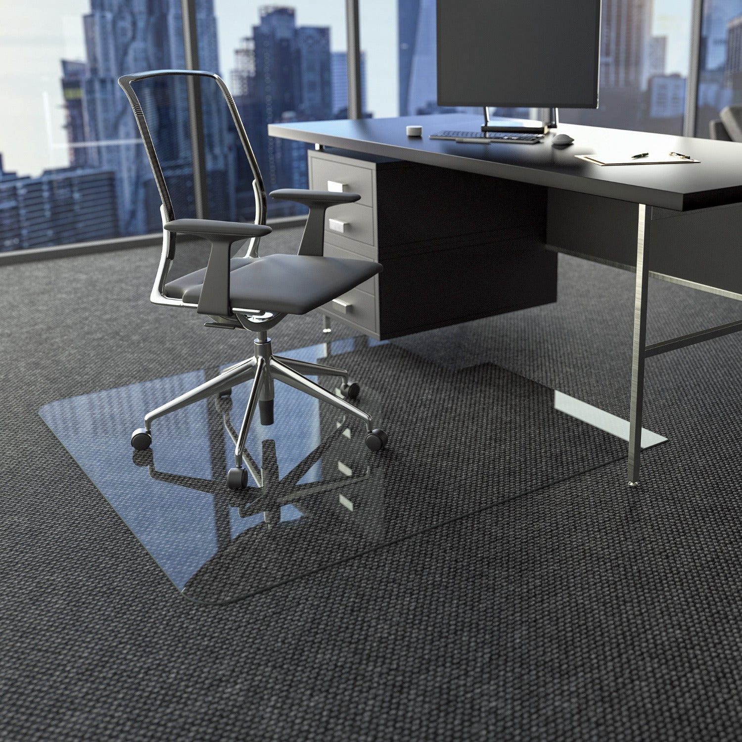 Modern office setup with a cityscape view through large windows. A black desk, computer, and office supplies. An ergonomic chair on a custom shaped Glass Chair Mat sits on a dark carpet.